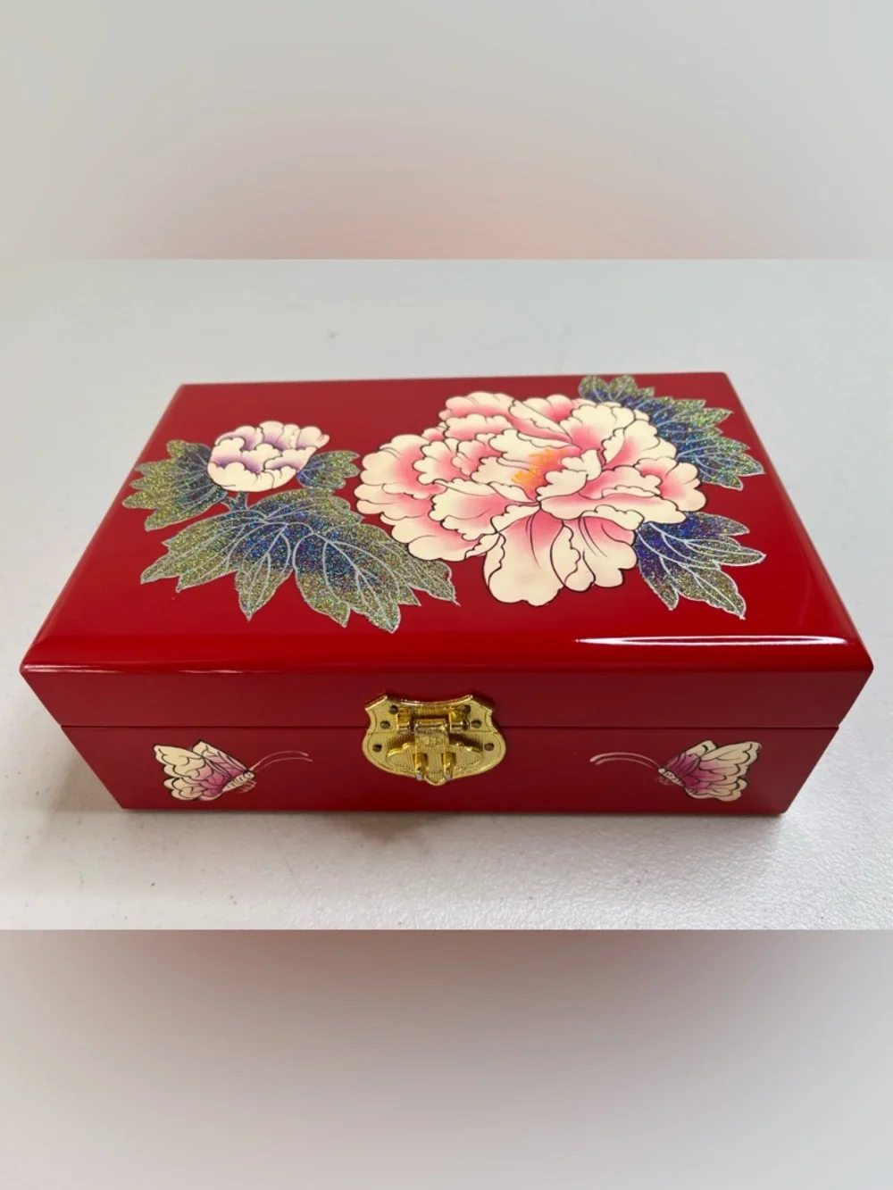 Red Vintage Wooden Jewelry Storage Box with Hand-Painted Floral Design